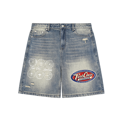 First Class Syndicate Faded Distressed Baggy Denim Shorts