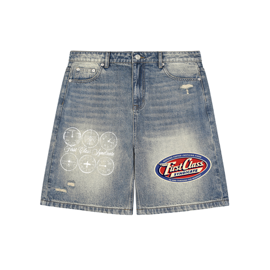 First Class Syndicate Faded Distressed Baggy Denim Shorts